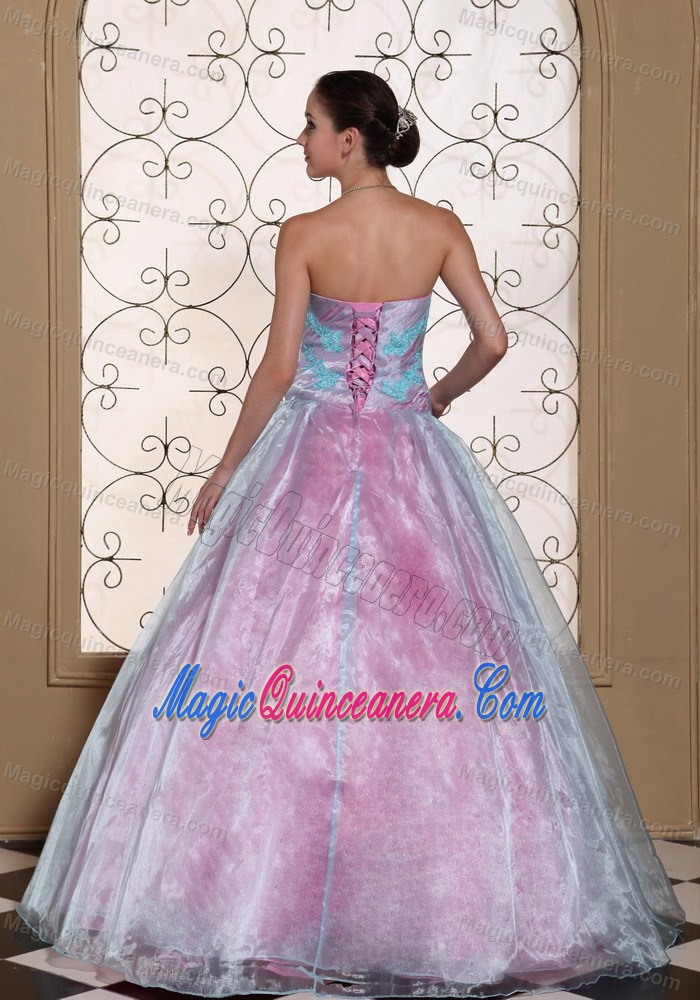 Light Blue Strapless Sweet 15 Dress with Appliques in Organza and Taffeta