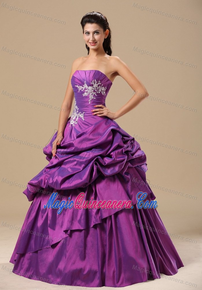 Purple Strapless Sweet 16 Dress with Silver Appliques and Pick-ups