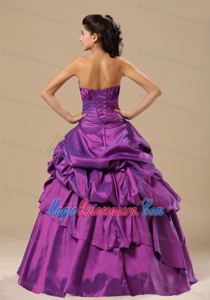 Purple Strapless Sweet 16 Dress with Silver Appliques and Pick-ups