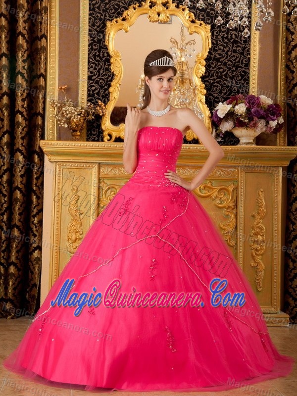 Strapless Hot Pink Quinceanera Dress with Appliques and Beading