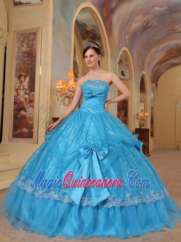 Blue Quinceanera Dress with Embroidery in Organza and Shinning Fabric