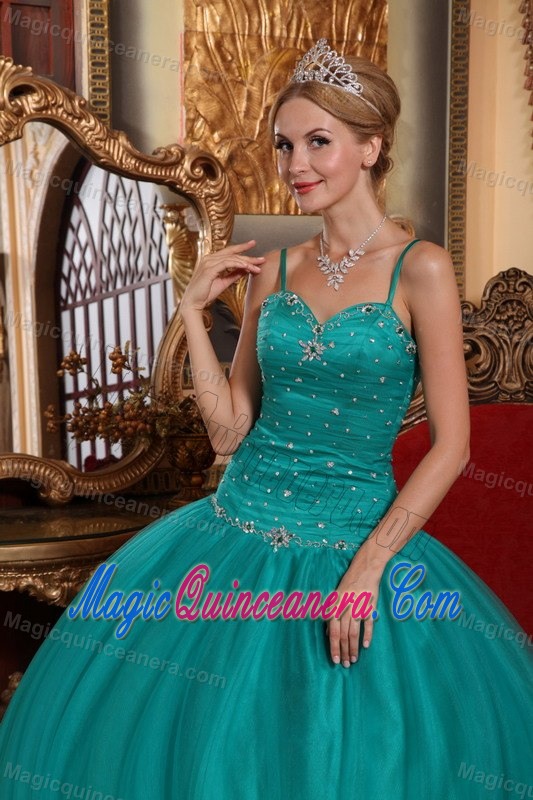 Teal Sweet 15 Dress with Spaghetti Straps in Tulle and Taffeta