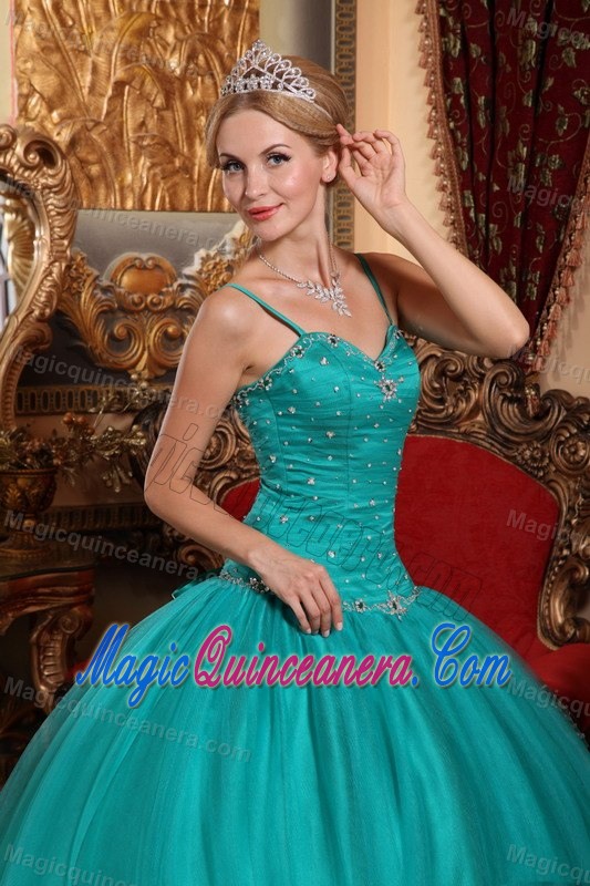 Teal Sweet 15 Dress with Spaghetti Straps in Tulle and Taffeta