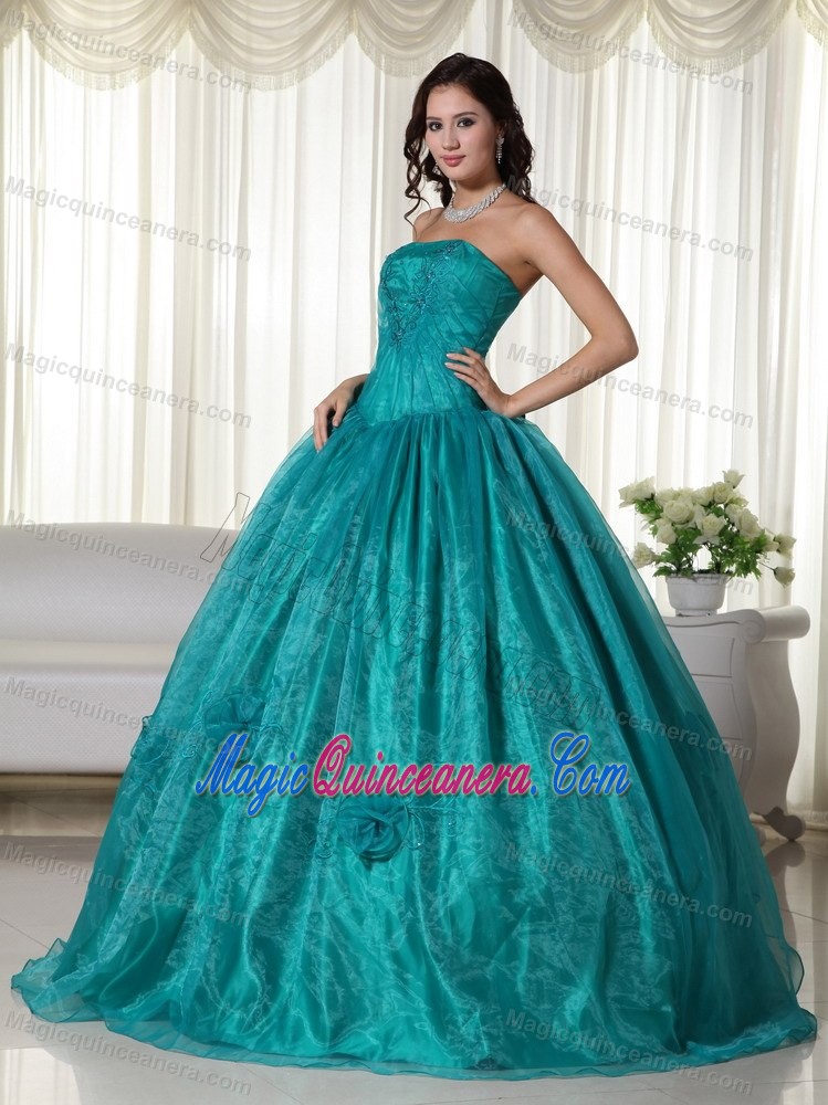 Strapless Turquoise Quinceanera Dress with Hand Made Flowers and Embroidery