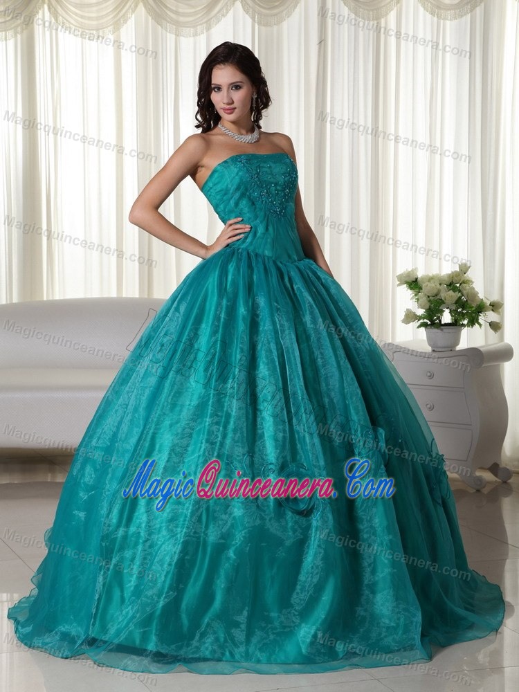 Strapless Turquoise Quinceanera Dress with Hand Made Flowers and Embroidery