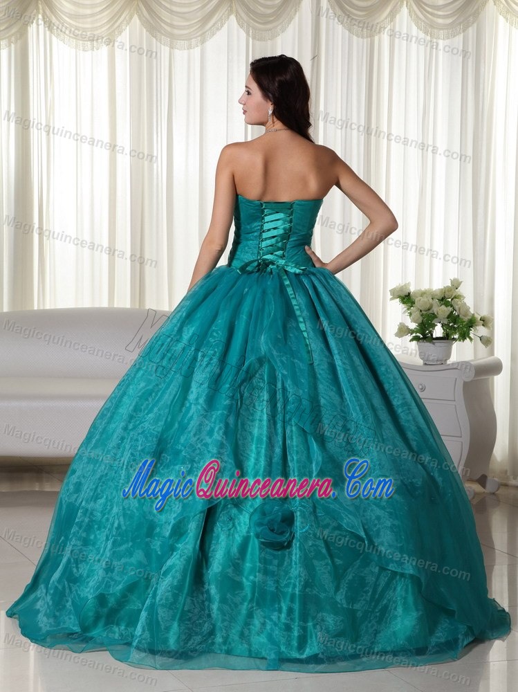 Strapless Turquoise Quinceanera Dress with Hand Made Flowers and Embroidery