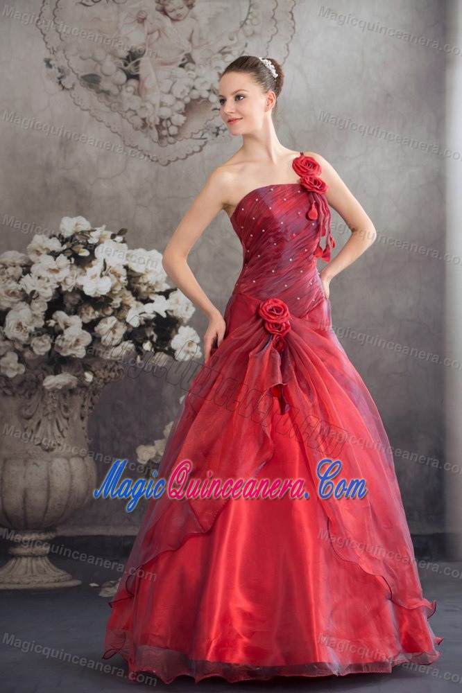 One Shoulder Red Sweet 15 Dress with Hand Made Flowers in Organza and Taffeta