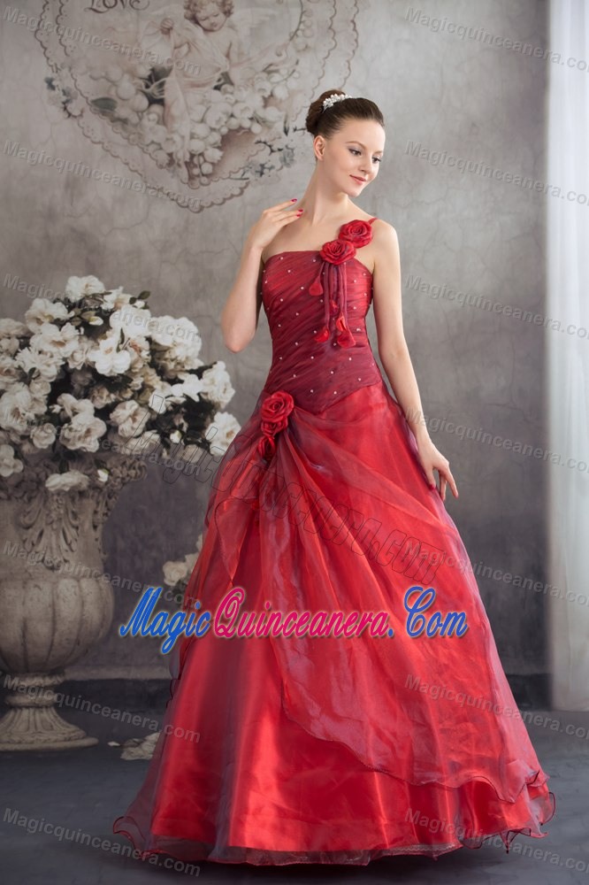 One Shoulder Red Sweet 15 Dress with Hand Made Flowers in Organza and Taffeta