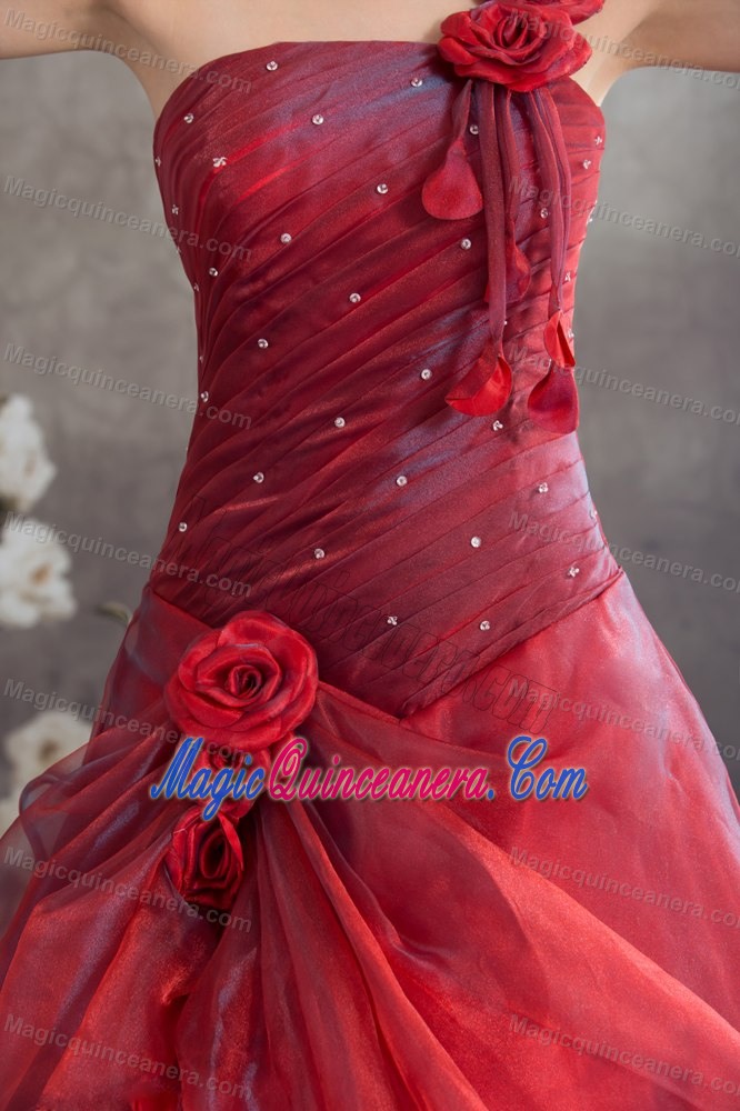 One Shoulder Red Sweet 15 Dress with Hand Made Flowers in Organza and Taffeta