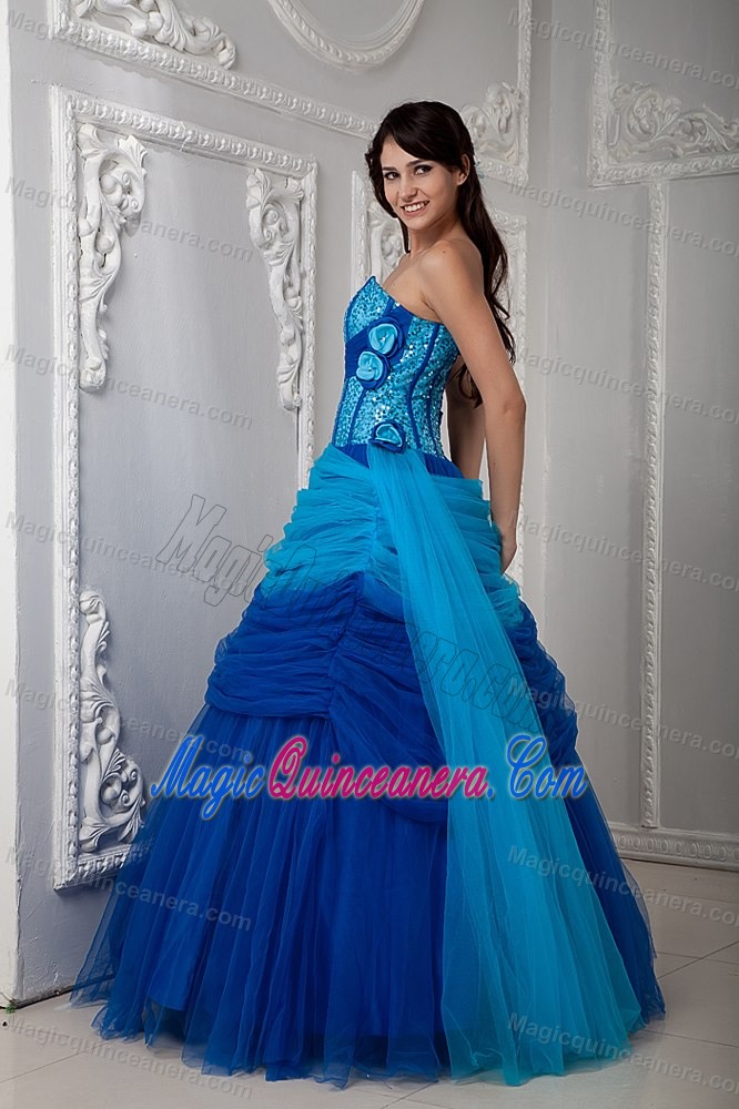 Blue Sweetheart Quinceanea Dress with Ruches in Tulle and Shinning Fabric