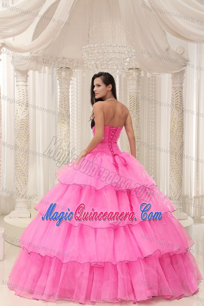 Rose Pink and Black Sweetheart Quinceanera Dress with Ruffles and Beading