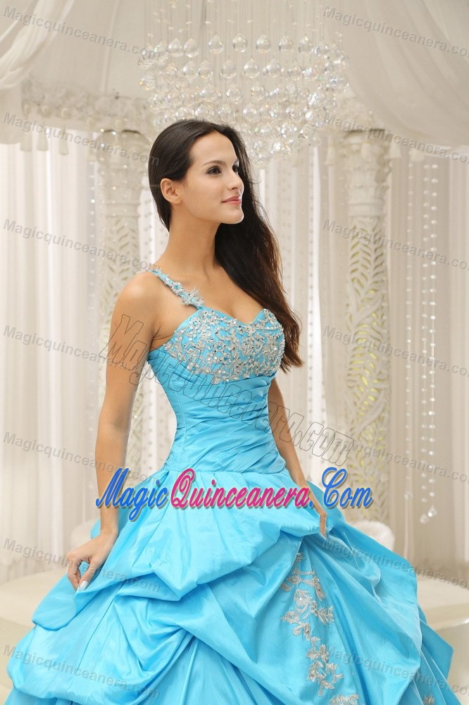 Aqua Blue One Shoulder Sweet 15 Dress with Embroidery and Pick-ups