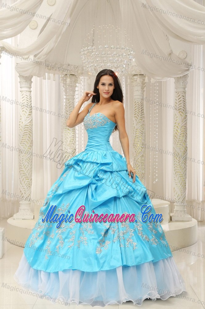 Aqua Blue One Shoulder Sweet 15 Dress with Embroidery and Pick-ups