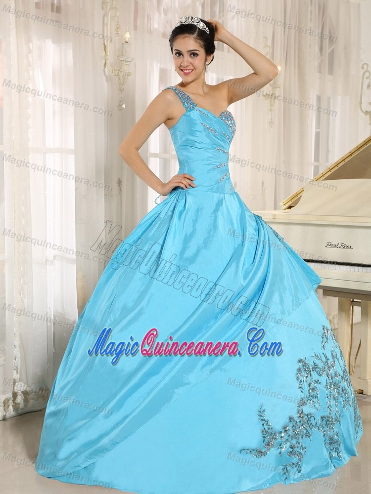 One Shoulder Baby Blue Quinceanera Dress With Appliques and Beading