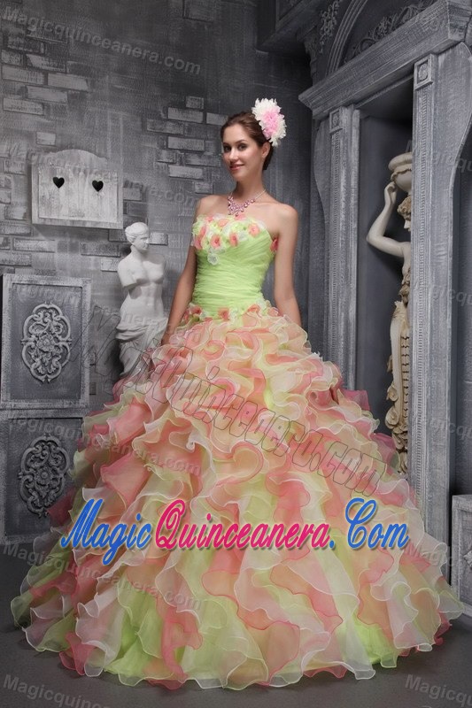 Strapless Multi-color Quinceanera Dress in Taffeta and Organza with Ruffles