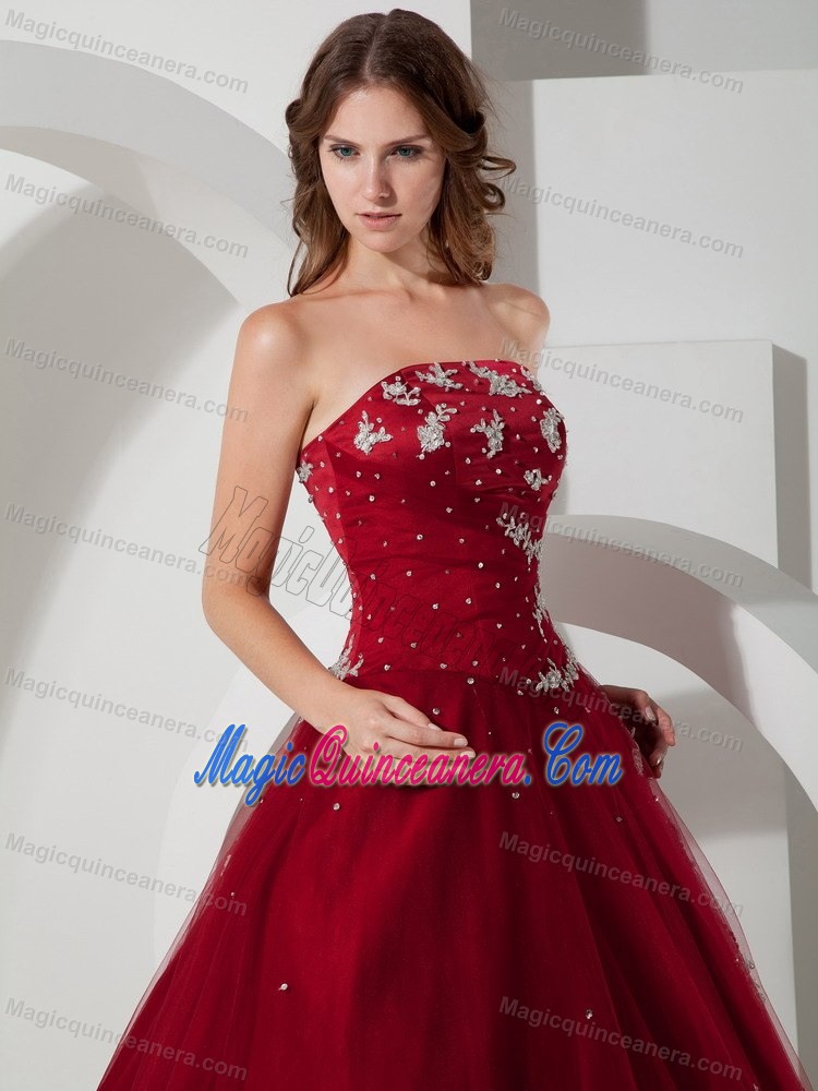 Strapless Wine Red Quinceanera Dress in Taffeta and Tulle with Embroidery