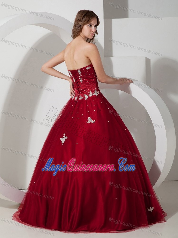 Strapless Wine Red Quinceanera Dress in Taffeta and Tulle with Embroidery