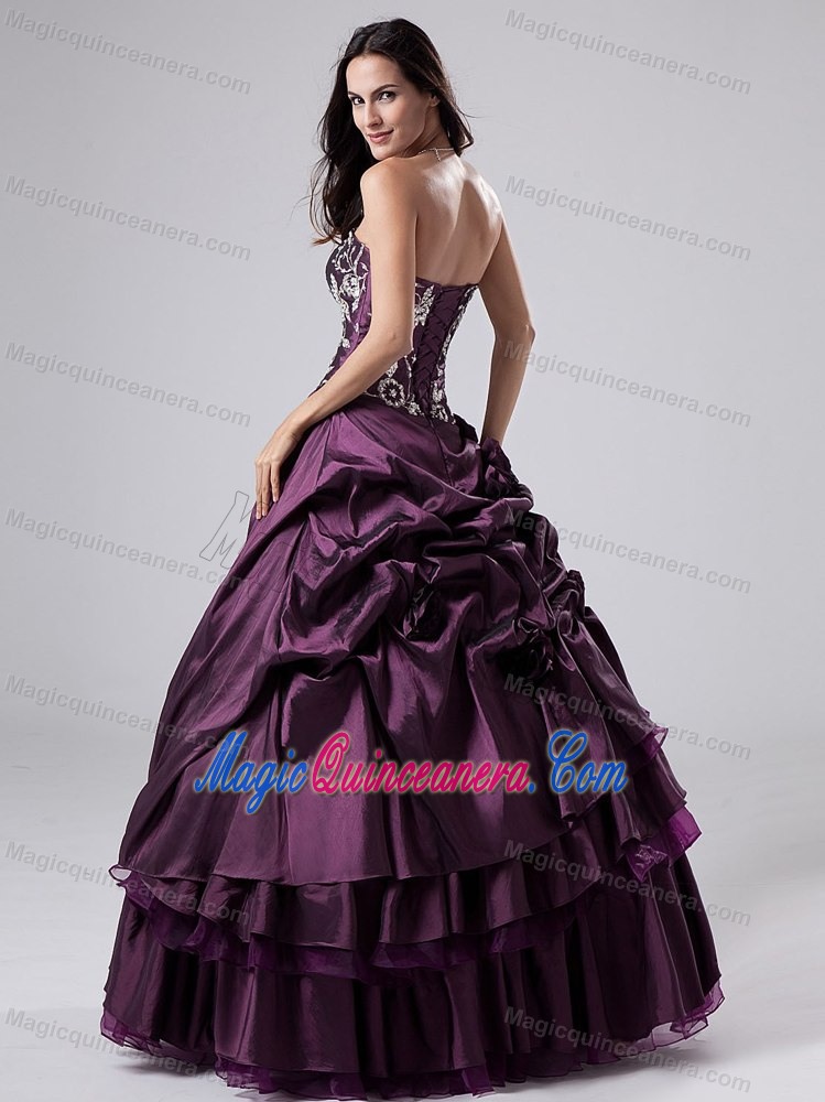 Purple Sweetheart Quinceanera Dress with Embroidery and Hand Made Flowers