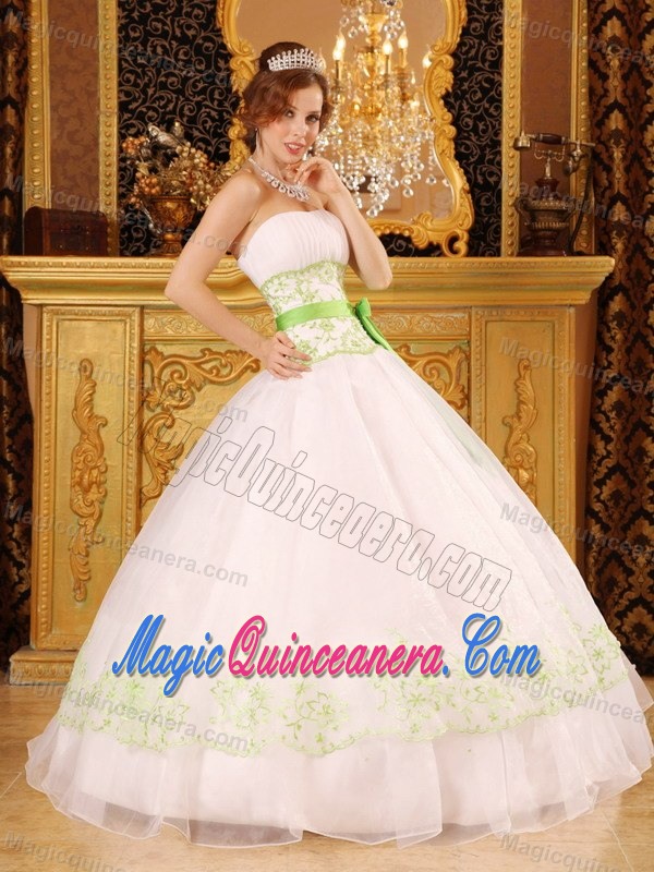 White Strapless Sweet 15 Dress with Green Embroidery and a Bowknot Sash