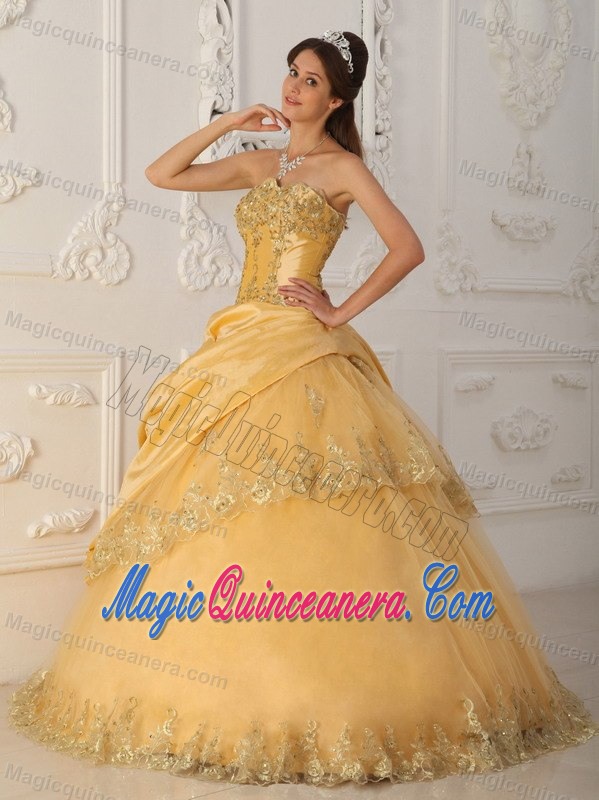 Gold Quinceanera Dress in Taffeta and Tulle with Beading and Embroidery