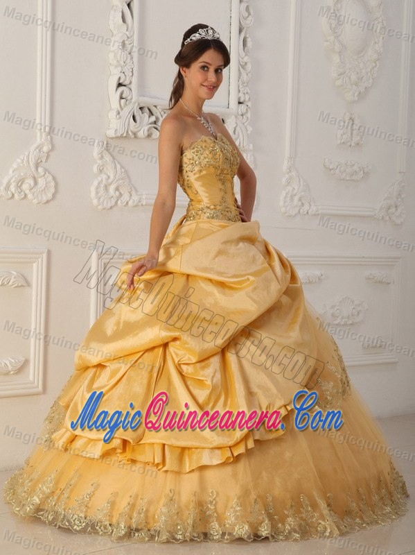 Gold Quinceanera Dress in Taffeta and Tulle with Beading and Embroidery