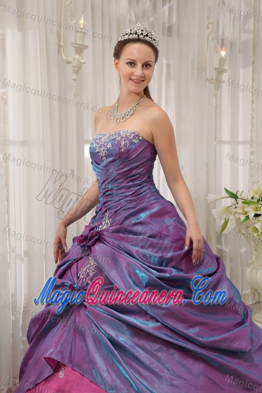 Purple Strapless Quinceanera Dress with Ruches and Embroidery