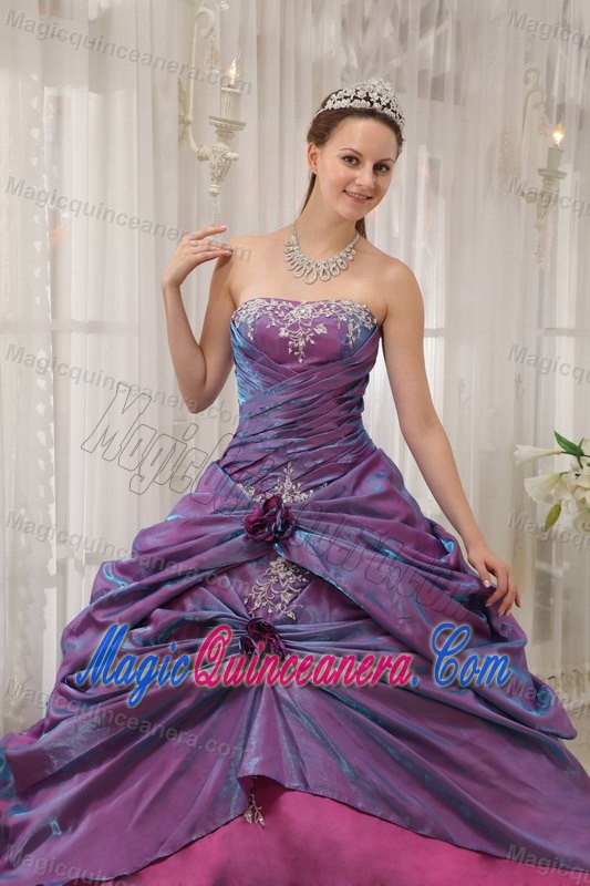 Purple Strapless Quinceanera Dress with Ruches and Embroidery