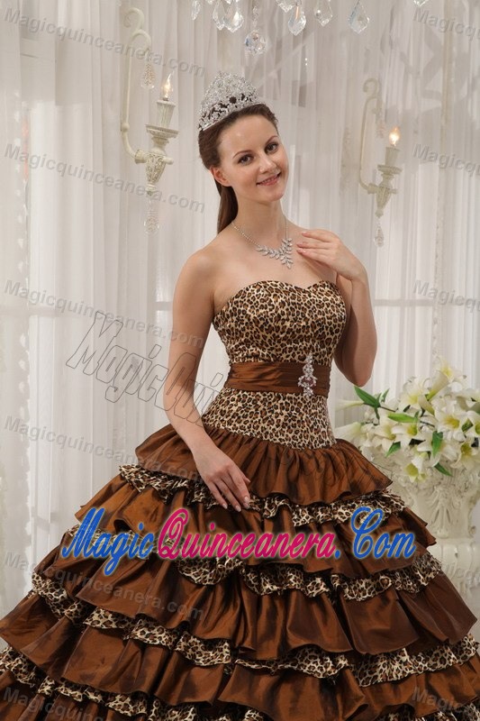 Ruffles Sweetheart Brown Sweet 15 Dress with Leopard Print Fabric