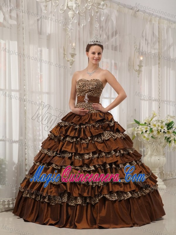 Ruffles Sweetheart Brown Sweet 15 Dress with Leopard Print Fabric