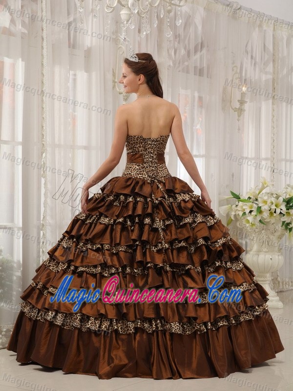 Ruffles Sweetheart Brown Sweet 15 Dress with Leopard Print Fabric