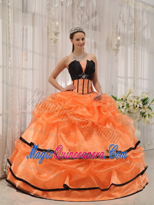 Orange and Black Sweet 16 Dress with Beading and Ruched Layers