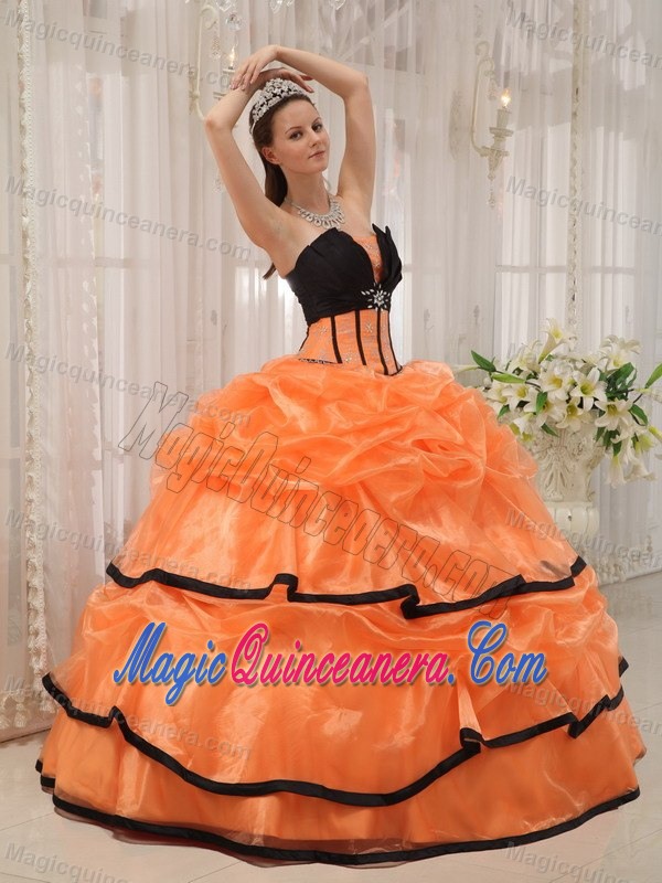 Orange and Black Sweet 16 Dress with Beading and Ruched Layers