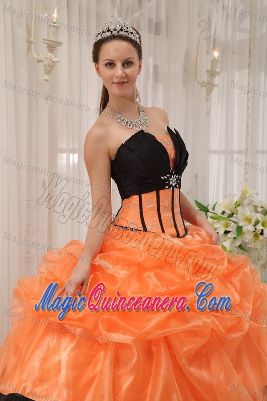 Orange and Black Sweet 16 Dress with Beading and Ruched Layers