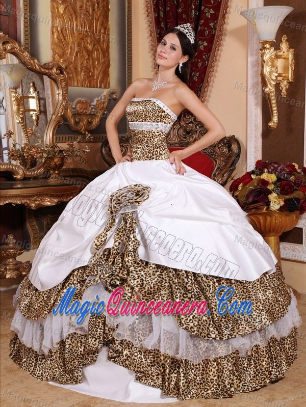 White Strapless Quinceanera Dress with Leopard Print Fabric Layers