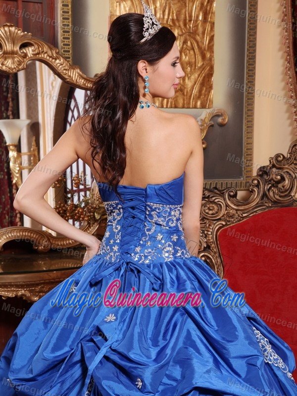 Taffeta Strapless Blue Sweet 16 Dress with Ruches and Appliques