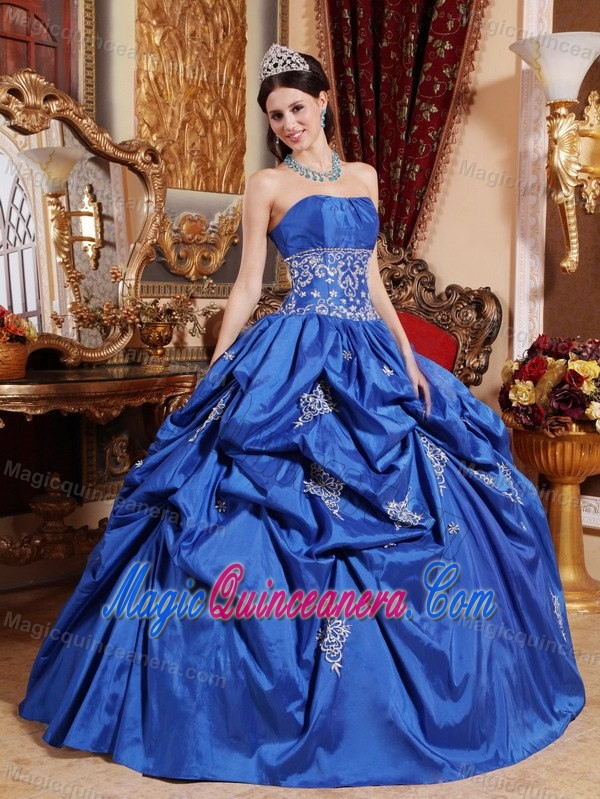 Taffeta Strapless Blue Sweet 16 Dress with Ruches and Appliques