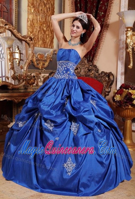 Taffeta Strapless Blue Sweet 16 Dress with Ruches and Appliques