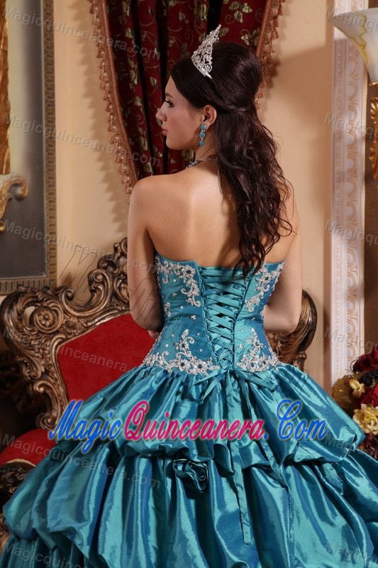 Teal Sweetheart Sweet 15 Dress with Appliques and Hand Made Flowers