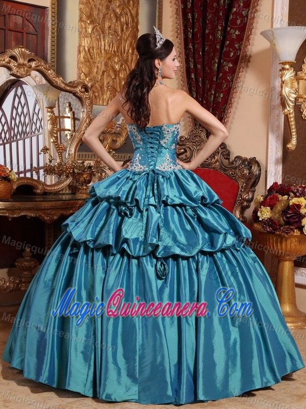 Teal Sweetheart Sweet 15 Dress with Appliques and Hand Made Flowers