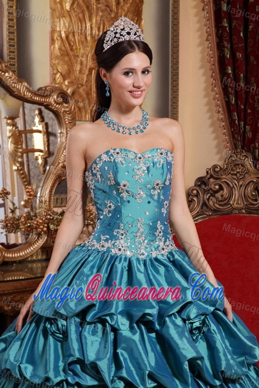 Teal Sweetheart Sweet 15 Dress with Appliques and Hand Made Flowers