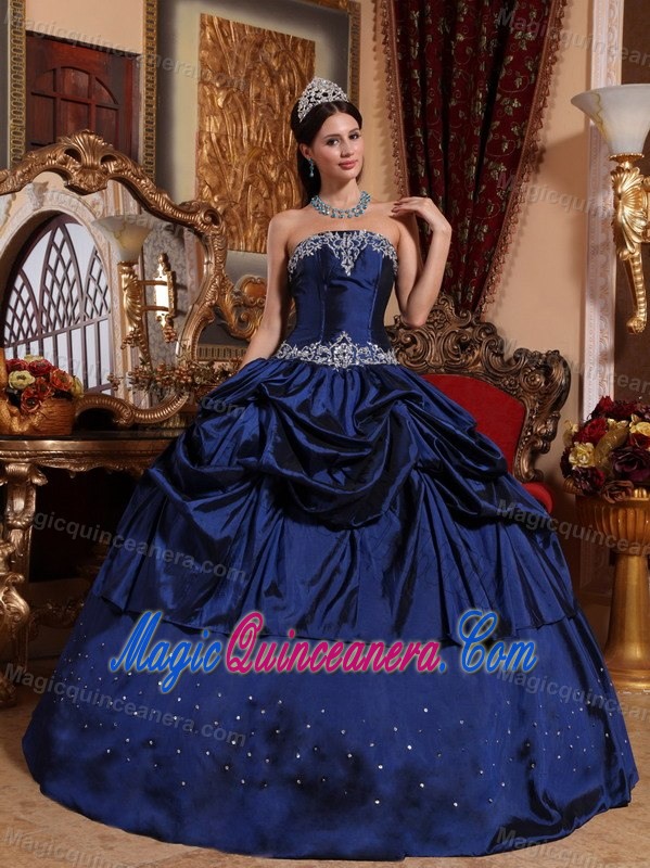 Navy Blue Strapless Quinceanera Dress with Pick-ups and Embroidery