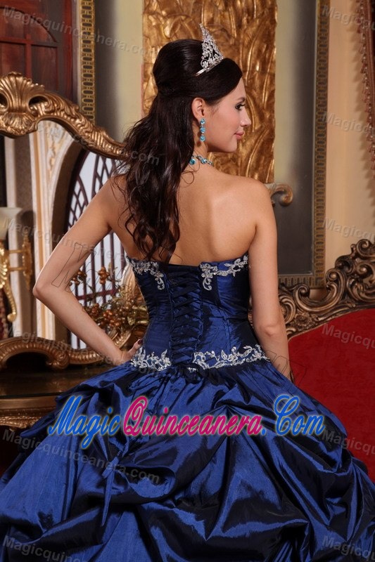 Navy Blue Strapless Quinceanera Dress with Pick-ups and Embroidery