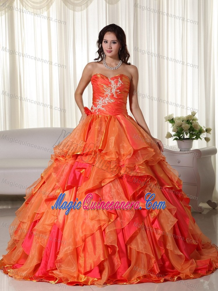 Sweetheart Orange Sweet 16 Dress with Embroidery and Ruffles