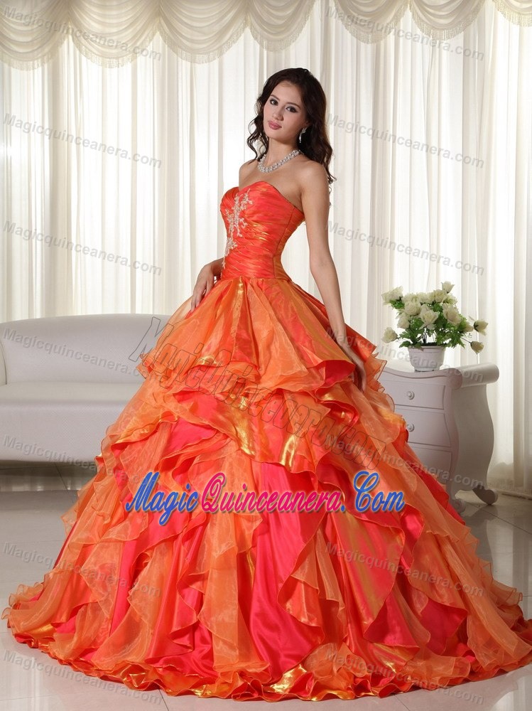 Sweetheart Orange Sweet 16 Dress with Embroidery and Ruffles