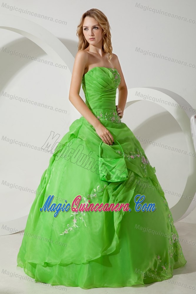 Strapless Green Quanceanera Dress with Asymmetric Layers and Embroidery