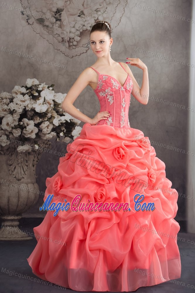 Embroidered Watermelon Sweet 16 Dress with Spaghetti Straps and Pick-ups