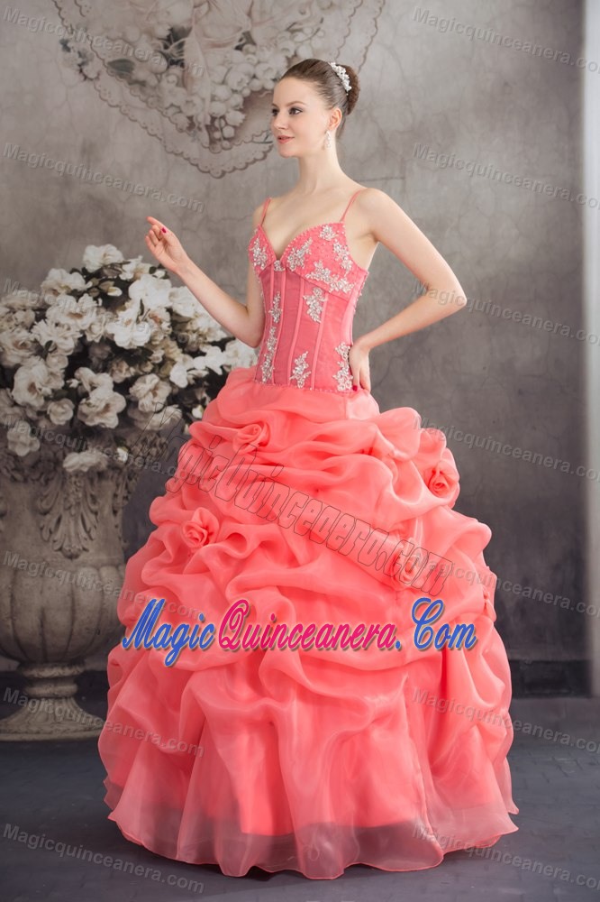 Embroidered Watermelon Sweet 16 Dress with Spaghetti Straps and Pick-ups