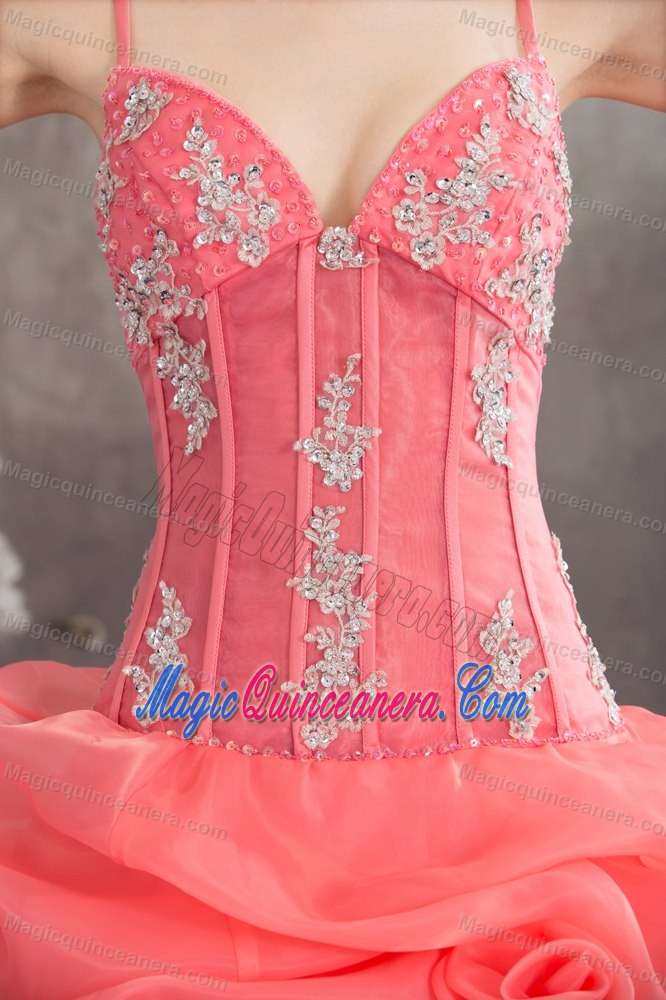 Embroidered Watermelon Sweet 16 Dress with Spaghetti Straps and Pick-ups