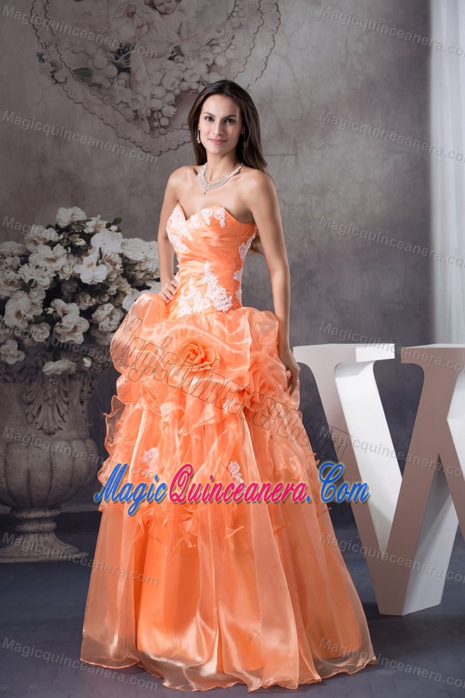 Orange Sweetheart Quinceanera Dress with Hand Made Flowers and Appliques