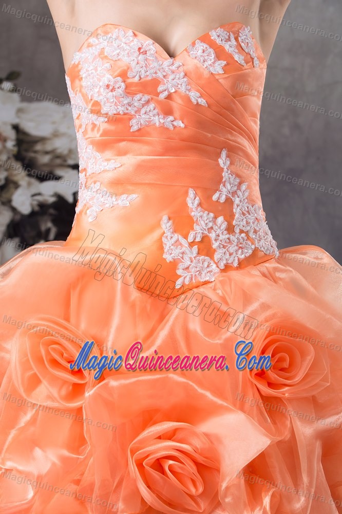 Orange Sweetheart Quinceanera Dress with Hand Made Flowers and Appliques